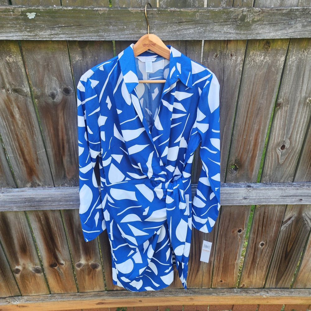 London Times Blue and White Long Sleeve Faux Wrap Dress, Size 12 - Picture 5 of 12
